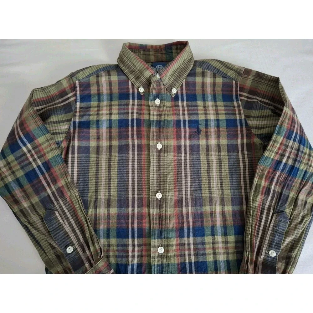 Vtg Ralph Lauren Madras Plaid Button Down Shirt Boys LS Fall Preppy EUC